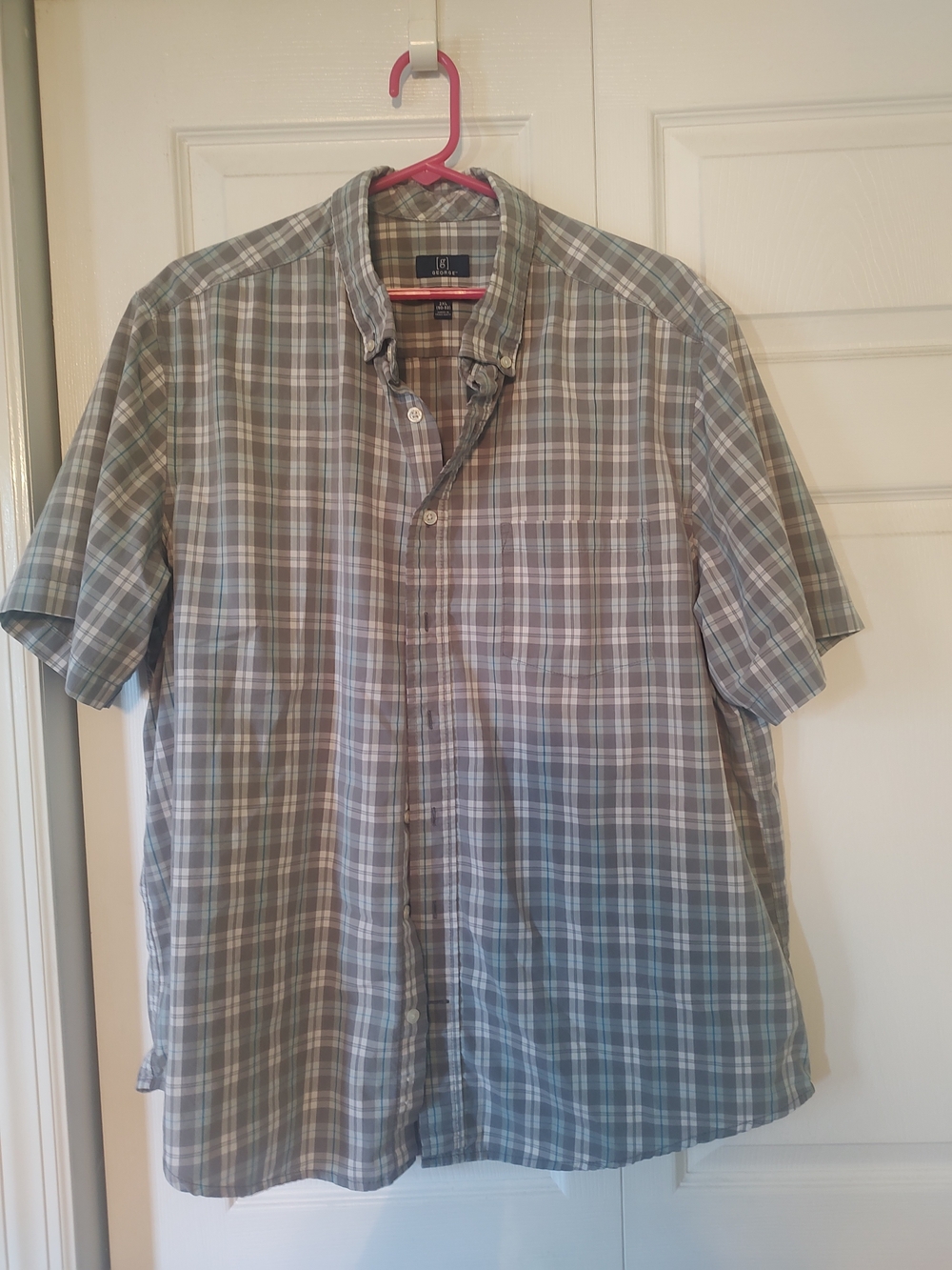 George Men's  Short-Sleeve Plaid Button-Down Shirt - Gray Blue 2XL